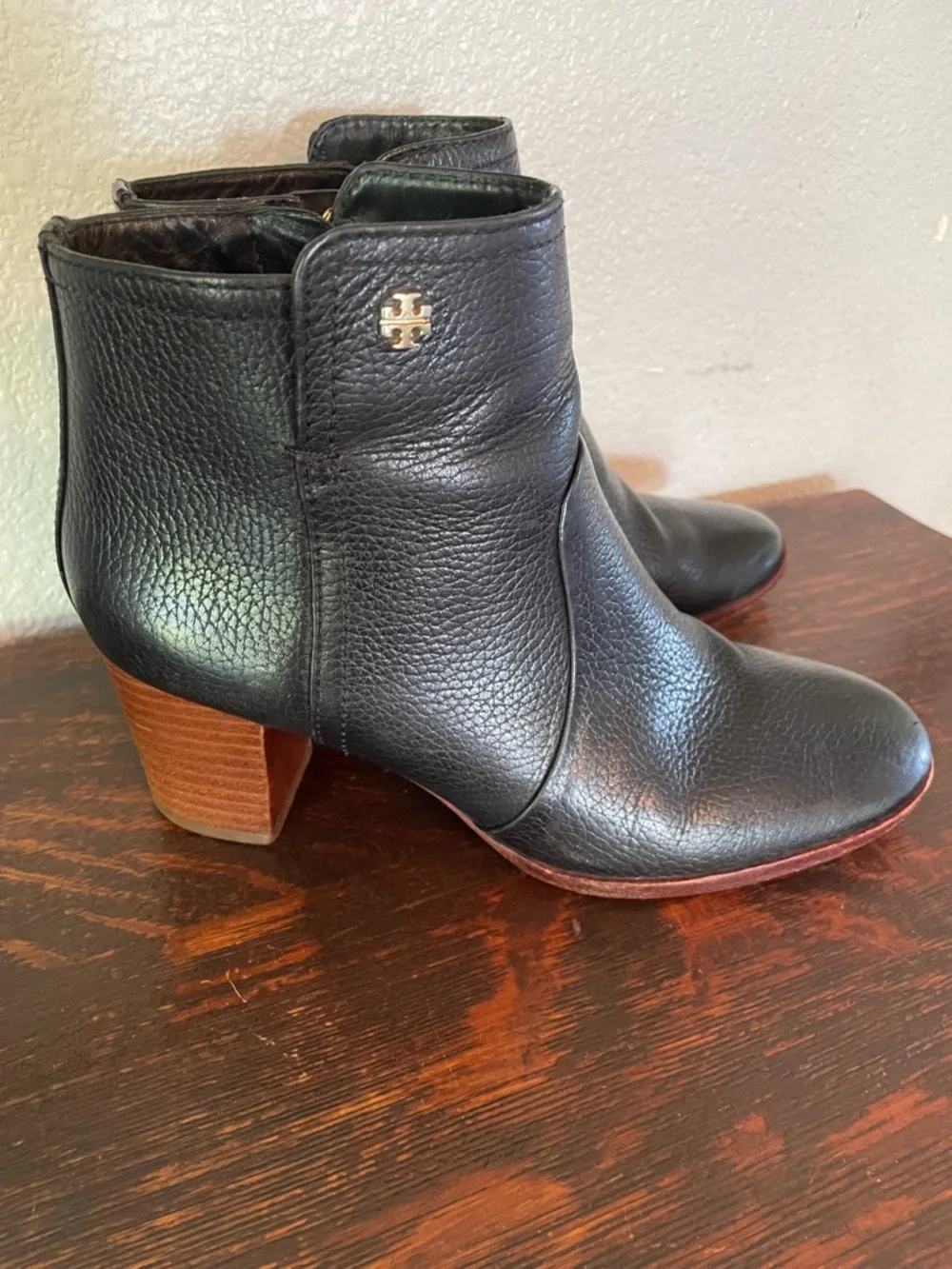 Tory Burch Black Leather Ankle Booties with Wood Heel